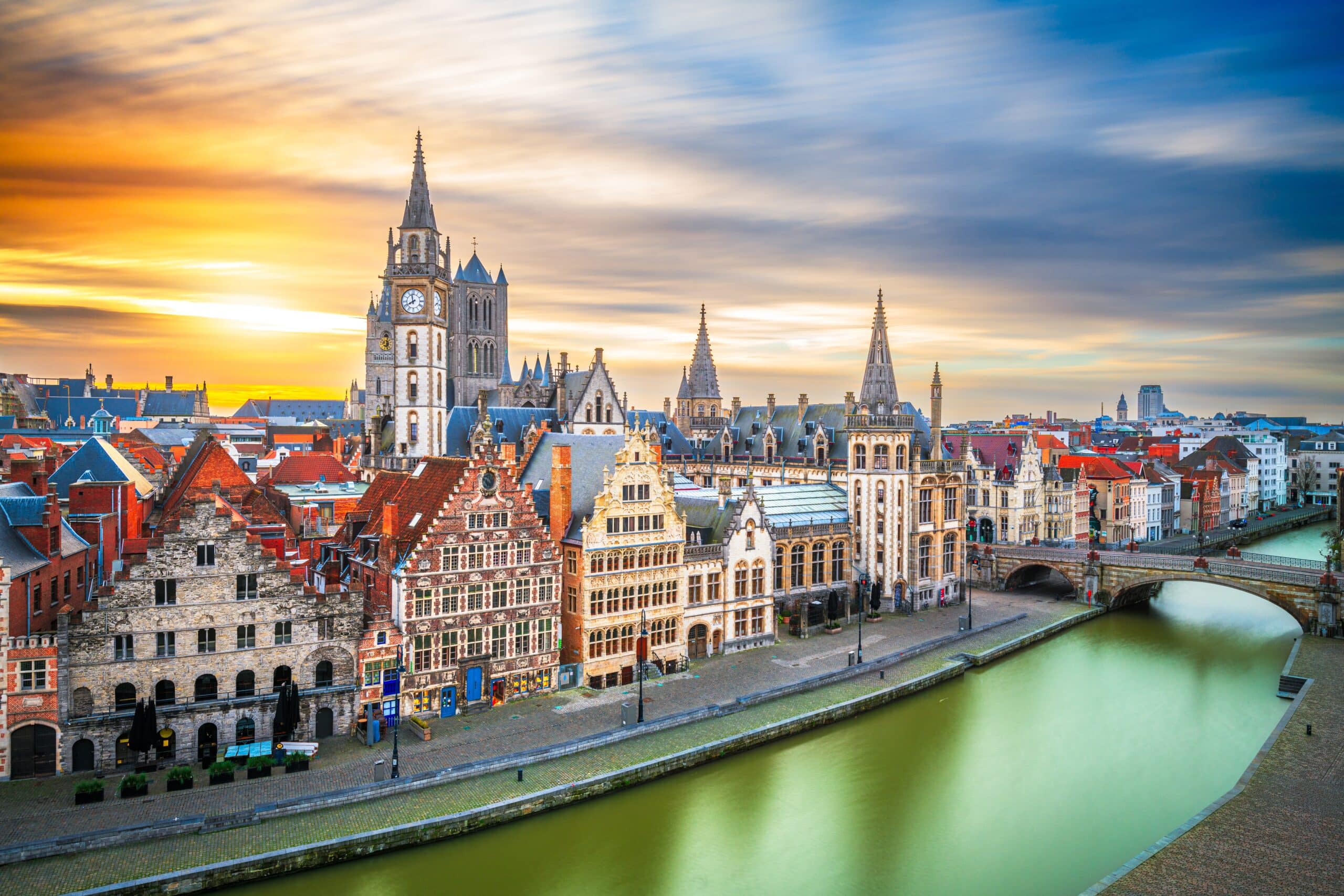 Ghent,,Belgium,Old,Town,Cityscape,From,The,Graslei,Area,At